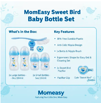 Momeasy 7-Pcs Newborn Baby Feeding Starter Set: Anti-Colic Bottles, BPA-Free, Pacifier & Brush (0-24 Months)