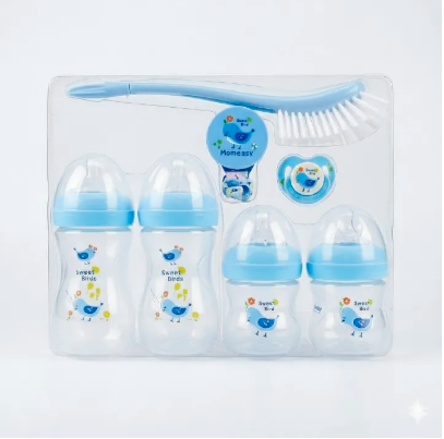Momeasy 7-Pcs Newborn Baby Feeding Starter Set: Anti-Colic Bottles, BPA-Free, Pacifier & Brush (0-24 Months)