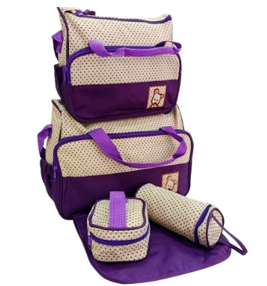 5 In 1 Baby Diaper BAG- contains 1 big bag, 1 medium sized bag, 1 oversized thickly padded changing pad, 1small bag and 1 feeding bottle holder