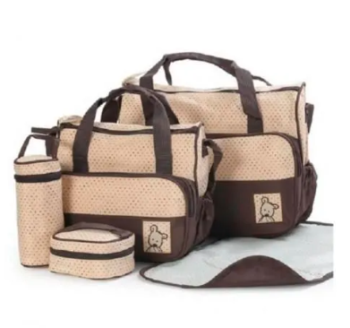 5 In 1 Baby Diaper BAG- contains 1 big bag, 1 medium sized bag, 1 oversized thickly padded changing pad, 1small bag and 1 feeding bottle holder