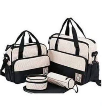 5 In 1 Baby Diaper BAG- contains 1 big bag, 1 medium sized bag, 1 oversized thickly padded changing pad, 1small bag and 1 feeding bottle holder