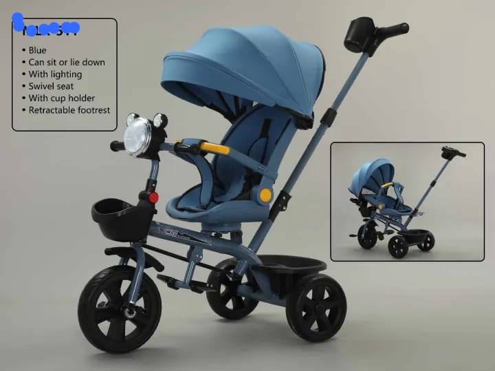 Kids' Multi-Functional Stroller Tricycle / Toddler Swivel Trike.Reversible/swivel seat (can sit or lie down), parental push handle control, built-in lighting, integrated cup holders, and retractable f