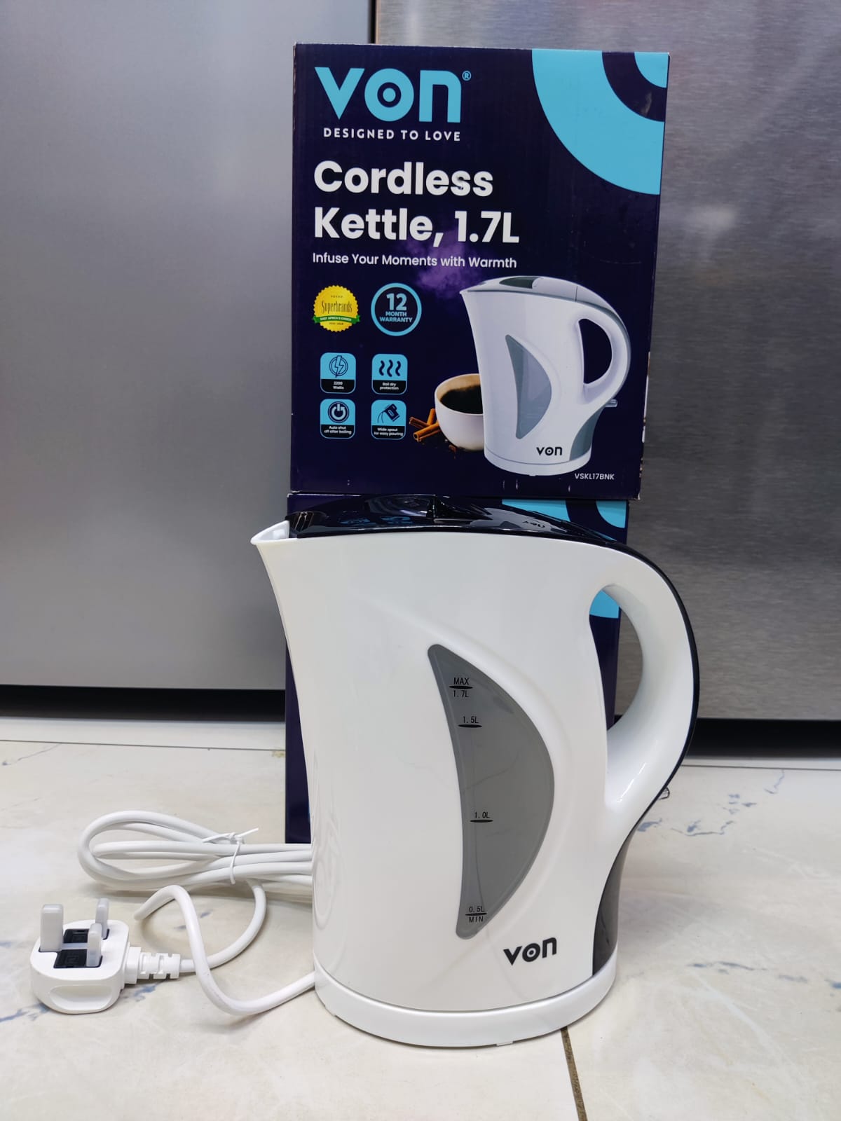 1 pc Von Cordless Kettle 1.7L White - Fast Boiling Electric Water Kettle with Auto Shut-Off & Boil-Dry Protection for Kitchen & Office 🔥⚡