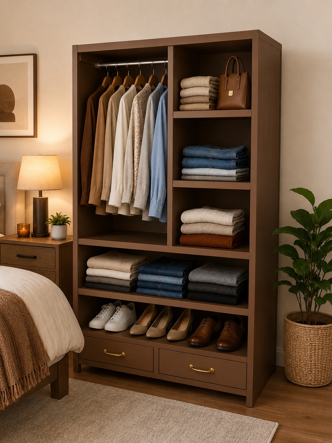 [Crazy Discounts] Stylish Wooden Open Wardrobe with Drawers-featuring an open storage design, spacious compartments, and built-in drawers for neatly organizing clothes ideal addition to any bedroom.