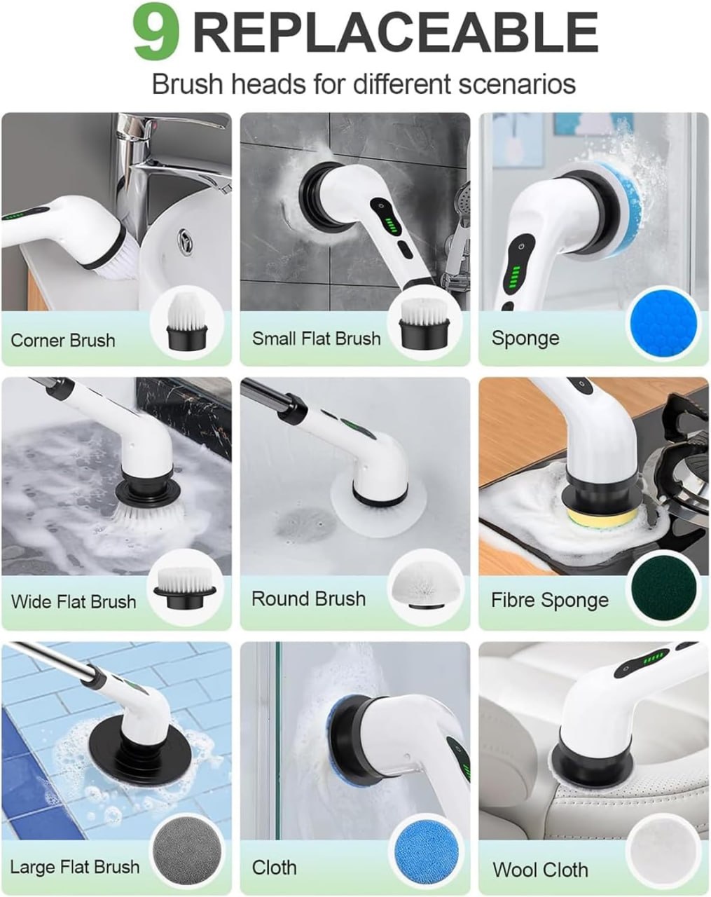 Electric Cleaning Brush Scrubber, Electric Spin Scrubber 9 Replaceable Brush Heads and Adjustable Long Handle, Cordless & Portable Power Scrubber for Cleaning Bathroom, Tile, Sink, Kitchen, Floor, Car
