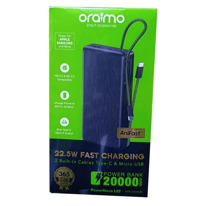 oraimo PowerNova L22 | 20000mAh, 22.5W Fast Charging Power Bank with Cables