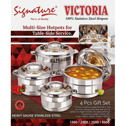 Signature 4 Pcs Insulated Deep Stainless Steel Victoria Insulated Casserole Food Warmer/Cooler/hotpot (1500/2500/3500/5000ml)