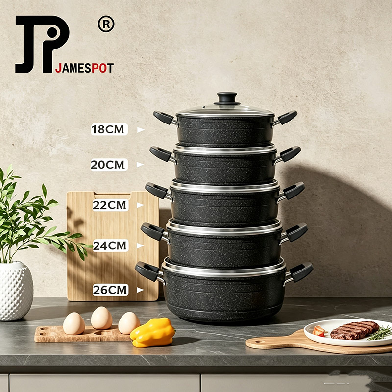 Jamespot Set of 10PCS  Die Cast Set  Iron Heavy  Non-stick Cookware Set  Sufuria Set cooking pot set  Suitable for induction cookers(5PCS  18/20/22/24/26cm Pots+5pcs Lids)