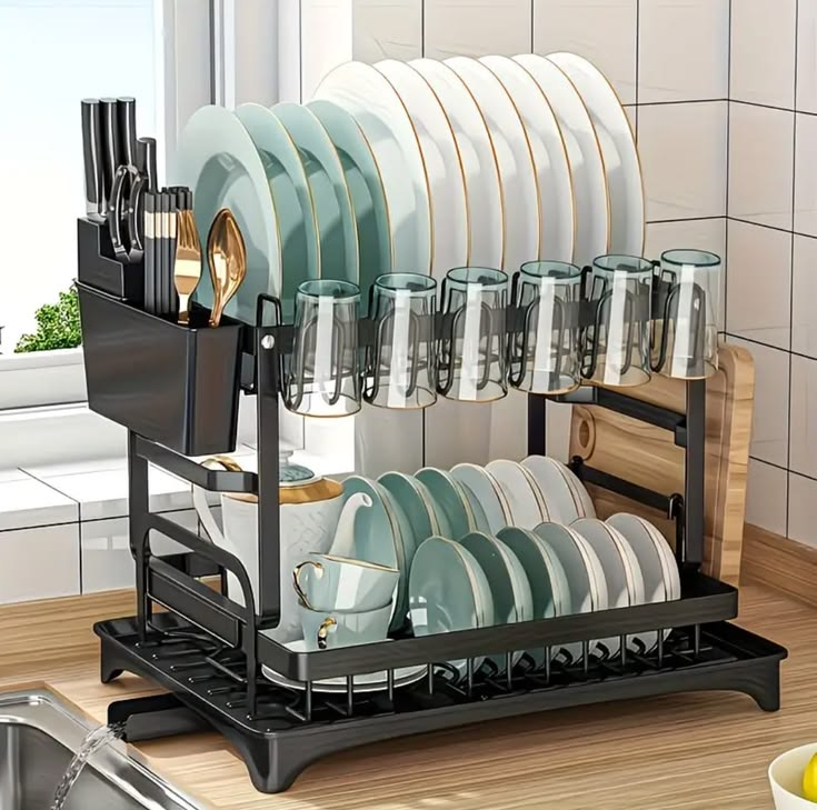 Quality Carbon Steel 2 Tier Dish Rack – Multi-Layer Kitchen Drying Rack for Plates, Bowls, Cups & Cutlery Organization with Space Saving Design