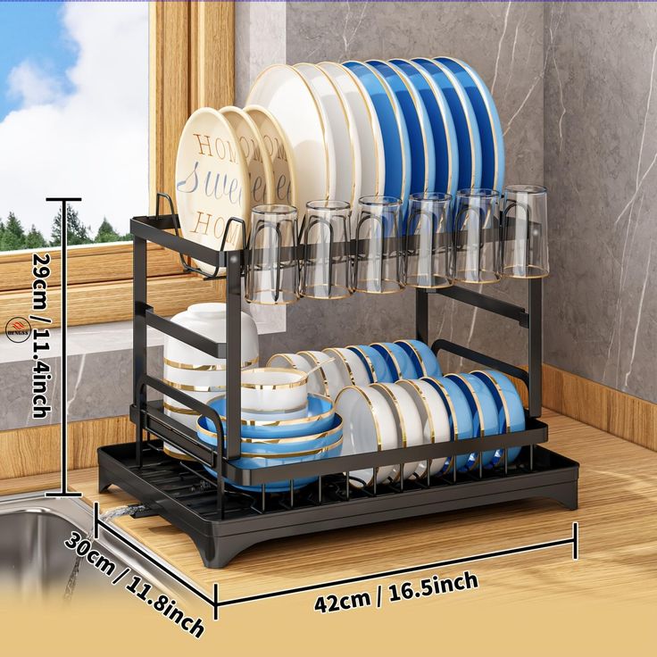 Quality Carbon Steel 2 Tier Dish Rack – Multi-Layer Kitchen Drying Rack for Plates, Bowls, Cups & Cutlery Organization with Space Saving Design