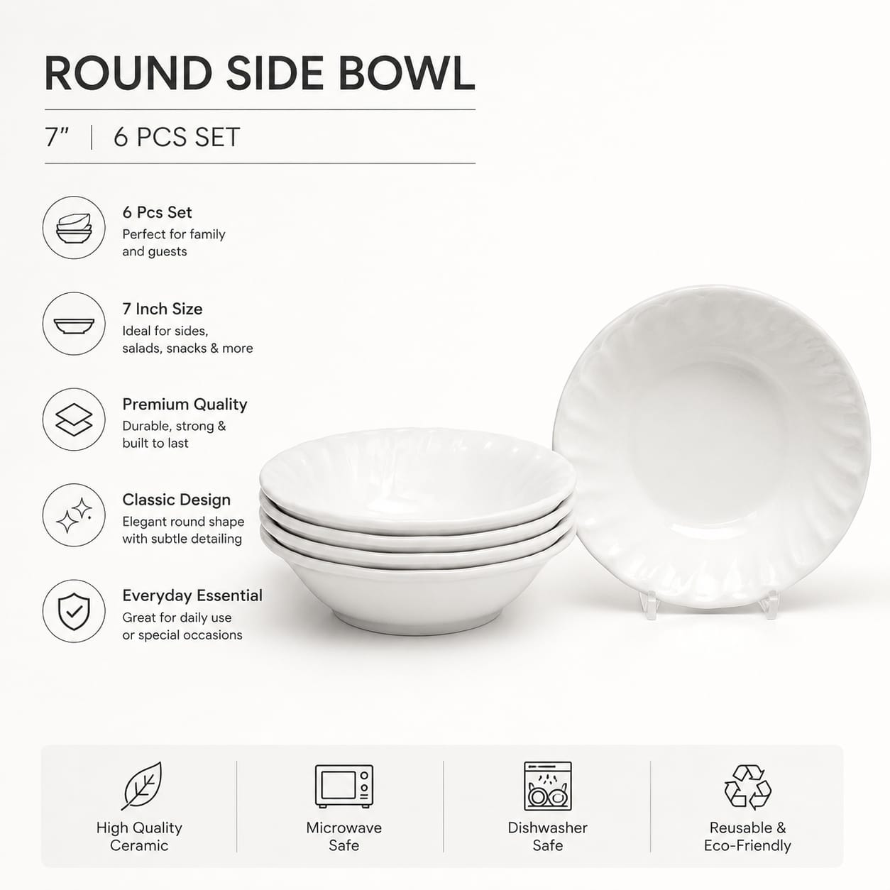 Set of 6 Oasis Melamine Plain White Soup Bowls – Durable Kitchen Serving Bowls for Soup, Cereal, Porridge, Snacks, Salads & Everyday Home Dining Use