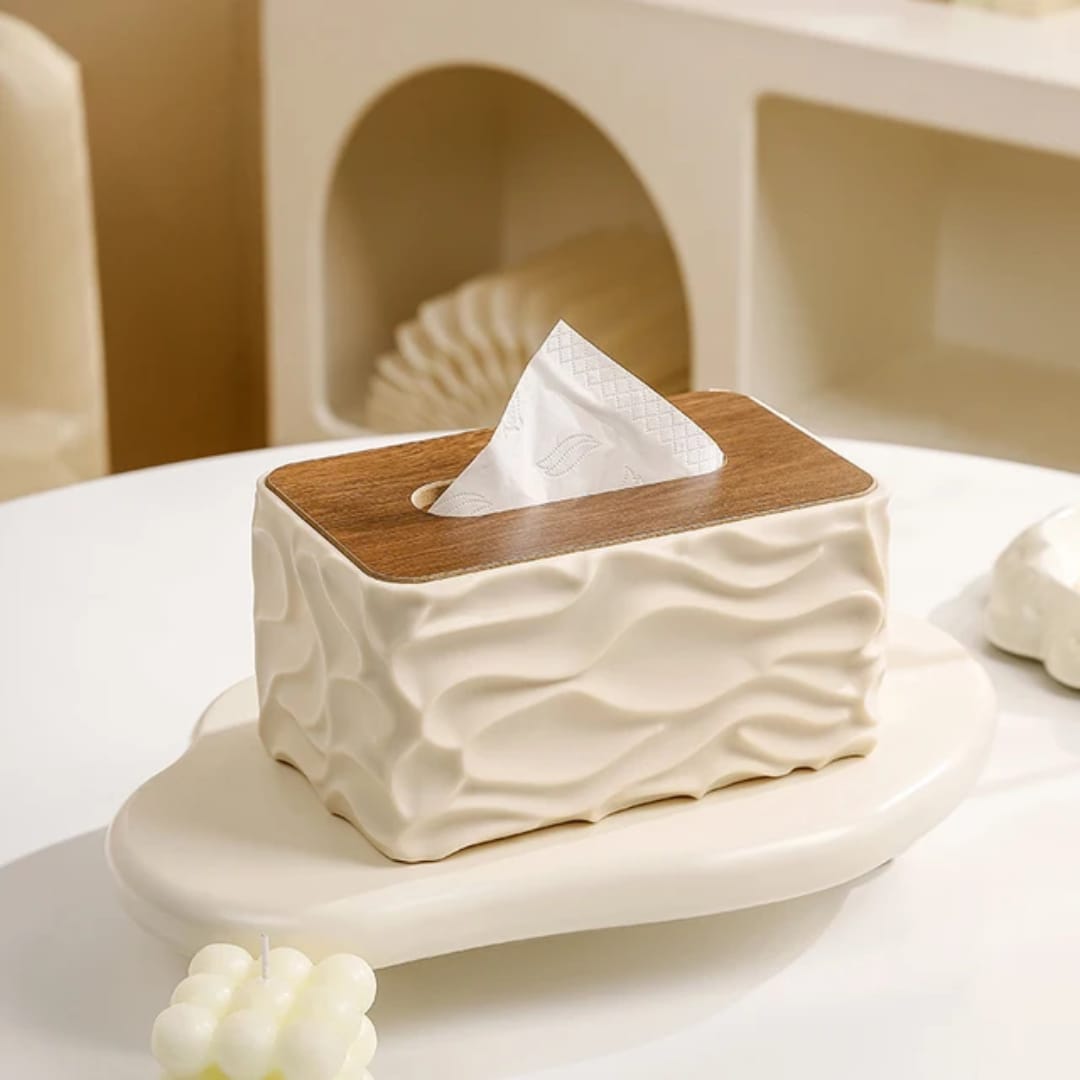 Luxury Wave Texture Tissue Box Holder – Elegant Serviette Dispenser with Wood-Look Top Cover for Home, Office, Hotel, Café and Modern Tabletop Décor
