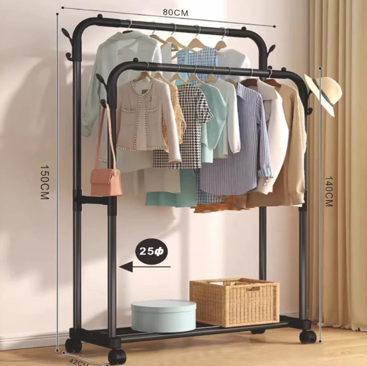 Double Pole Clothing Rack with Wheels & Lower Storage Shelf 110x40x150cm – Heavy Duty Metal Garment Rack for Clothes, Shoes, Boxes & Home Organization