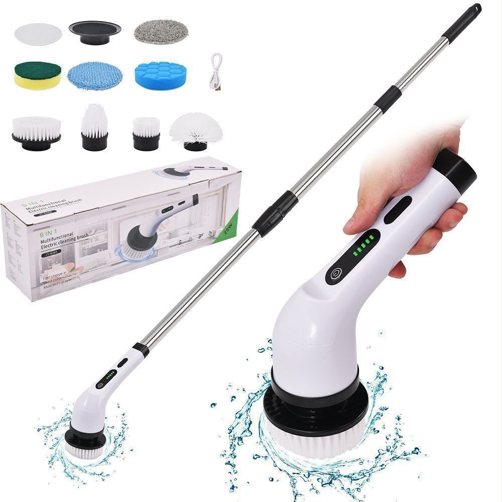 9-in-1 Cordless Electric Cleaning Brush – Rechargeable Rotating Scrubber with 9 Interchangeable Brush Heads & Extendable Long Handle for Deep Cleaning Bathroom, Kitchen, Tiles & Floors