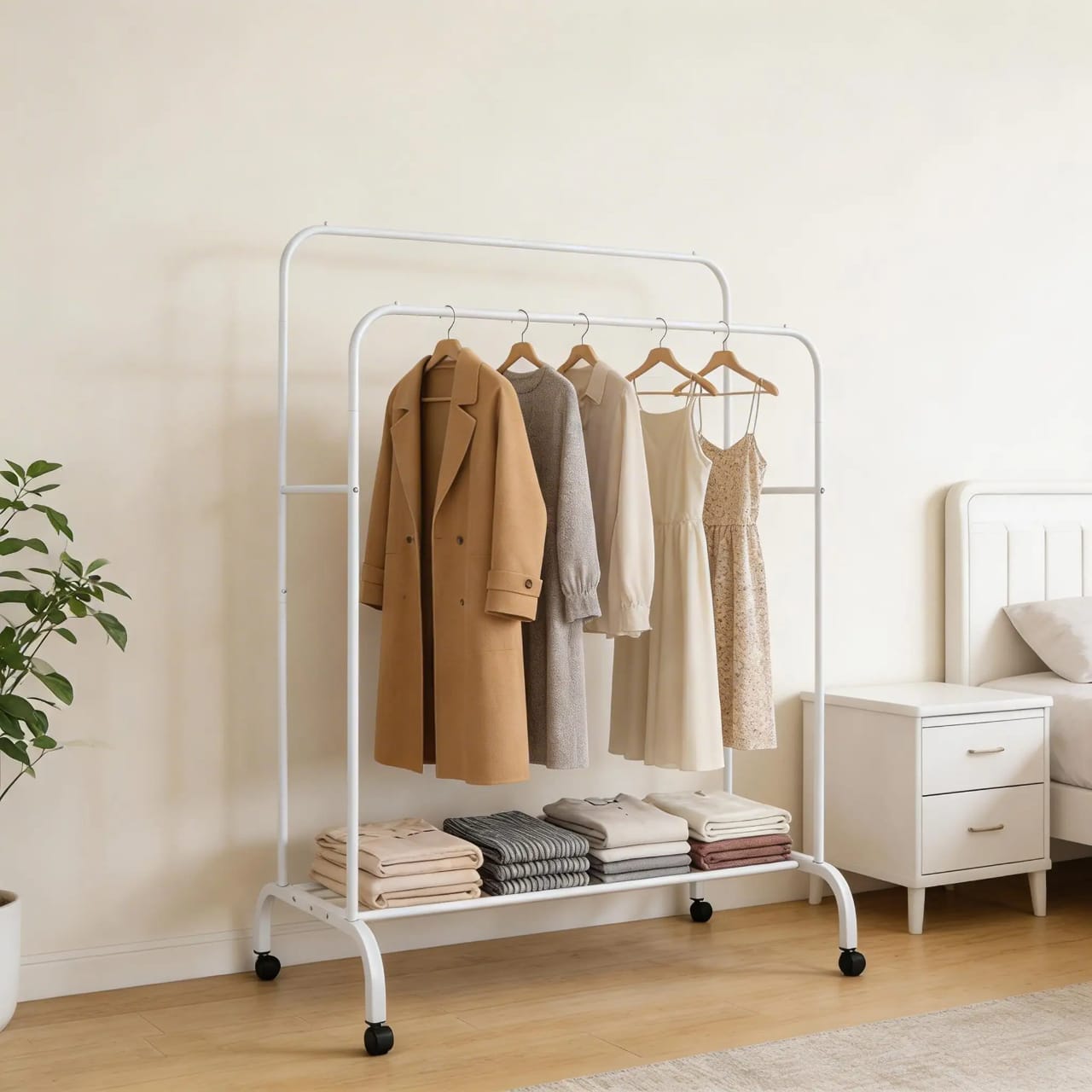 Double Pole Clothing Rack with Wheels & Lower Storage Shelf 110x40x150cm – Heavy Duty Metal Garment Rack for Clothes, Shoes, Boxes & Home Organization