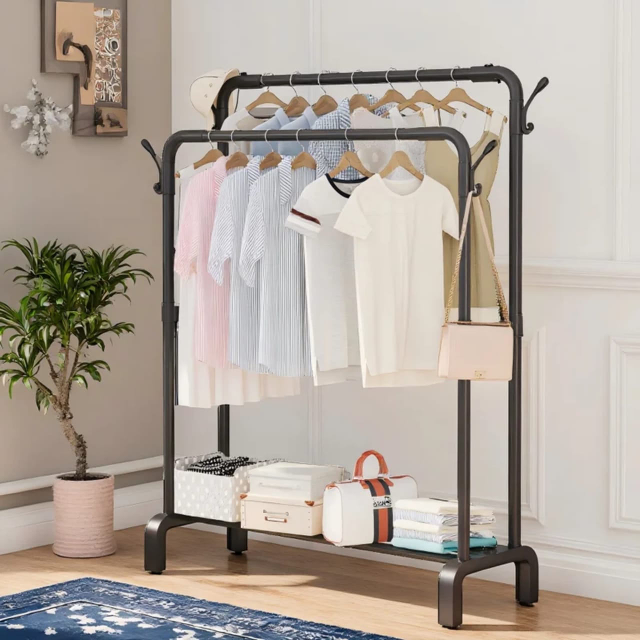Double Pole Clothing Rack with Wheels & Lower Storage Shelf 110x40x150cm – Heavy Duty Metal Garment Rack for Clothes, Shoes, Boxes & Home Organization