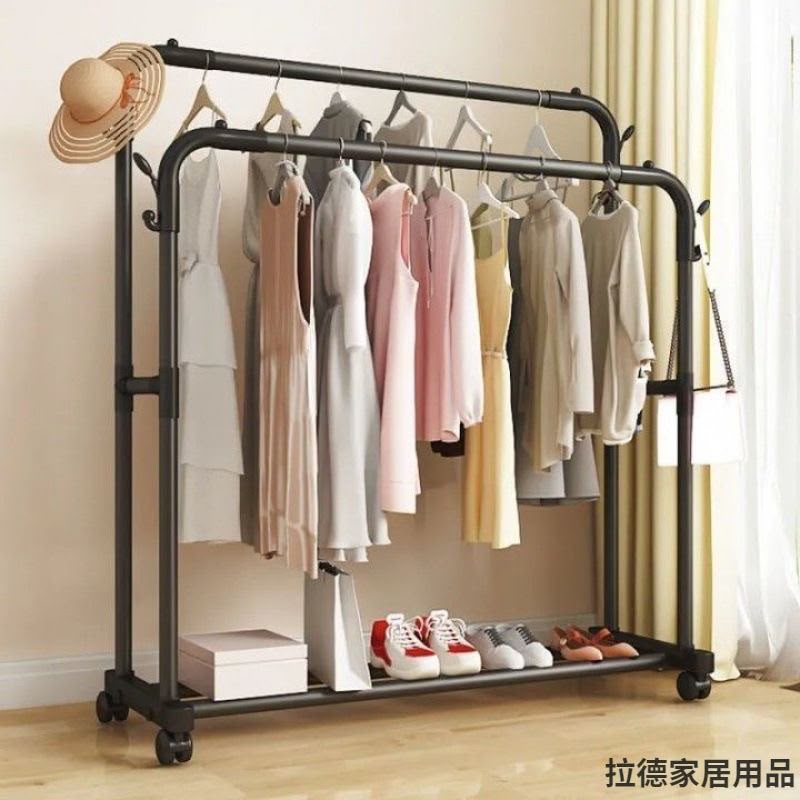 Double Pole Clothing Rack with Wheels & Lower Storage Shelf 110x40x150cm – Heavy Duty Metal Garment Rack for Clothes, Shoes, Boxes & Home Organization