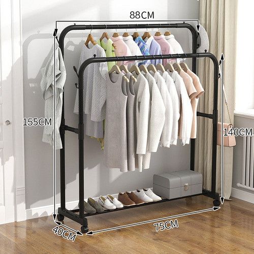 Double Pole Clothing Rack with Wheels & Lower Storage Shelf 110x40x150cm – Heavy Duty Metal Garment Rack for Clothes, Shoes, Boxes & Home Organization