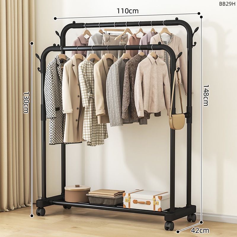 Double Pole Clothing Rack with Wheels & Lower Storage Shelf 110x40x150cm – Heavy Duty Metal Garment Rack for Clothes, Shoes, Boxes & Home Organization