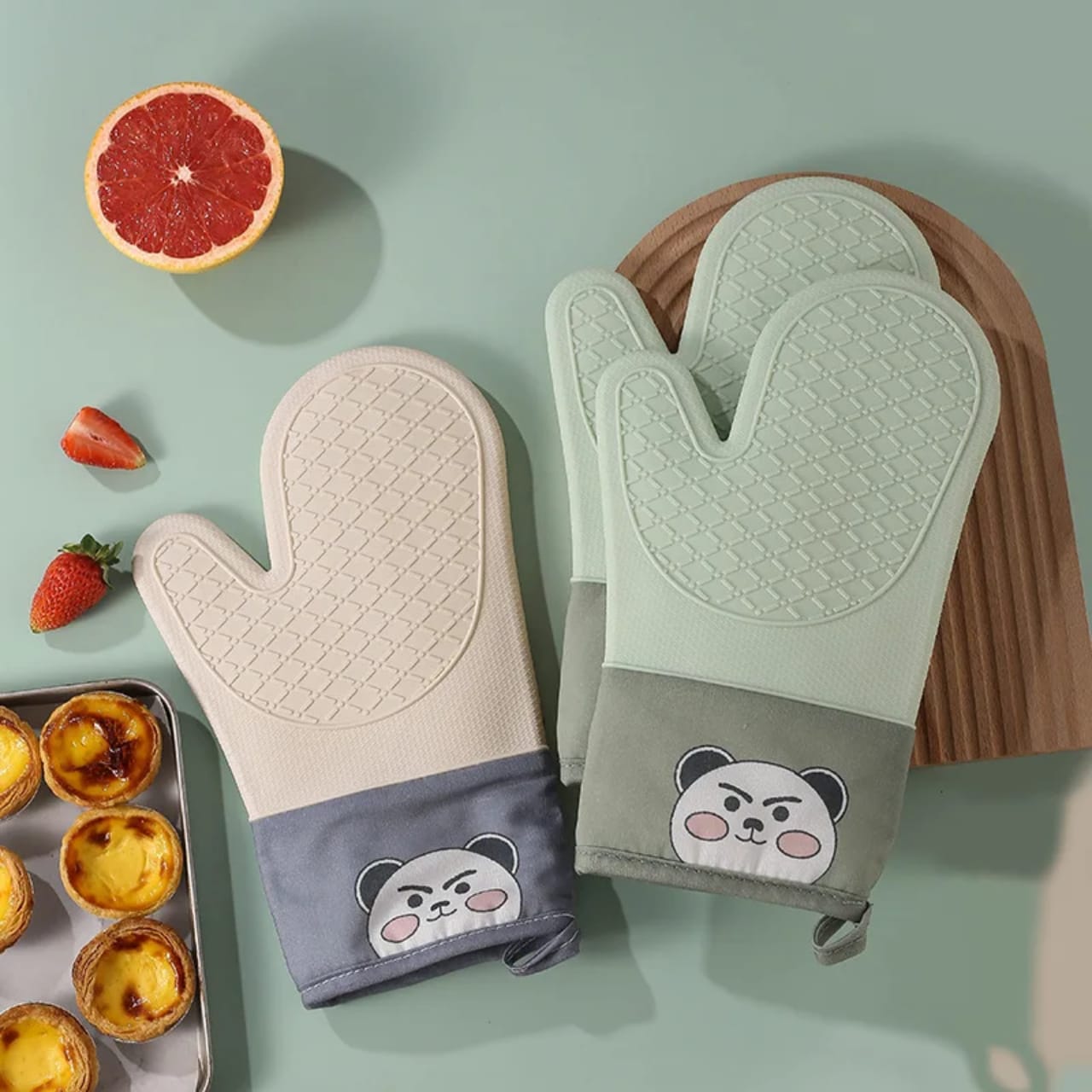 High Quality Silicone Insulated Oven Gloves – Heat Resistant Kitchen Baking & Cooking Mitts with Silicone Coating, Durable Non-Slip Hand Protection (Green)