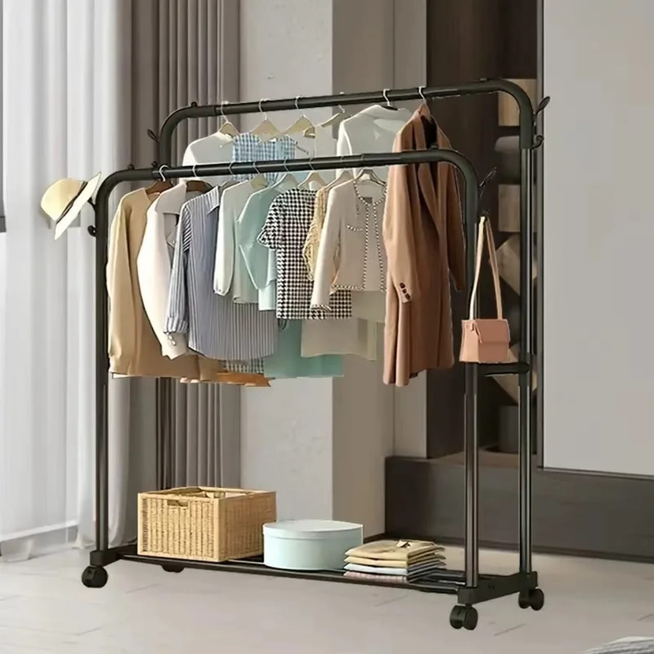 Double Pole Clothing Rack with Wheels & Lower Storage Shelf 110x40x150cm – Heavy Duty Metal Garment Rack for Clothes, Shoes, Boxes & Home Organization