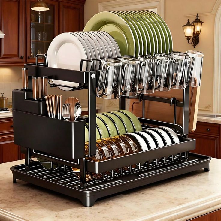 Quality Carbon Steel 2 Tier Dish Rack – Multi-Layer Kitchen Drying Rack for Plates, Bowls, Cups & Cutlery Organization with Space Saving Design