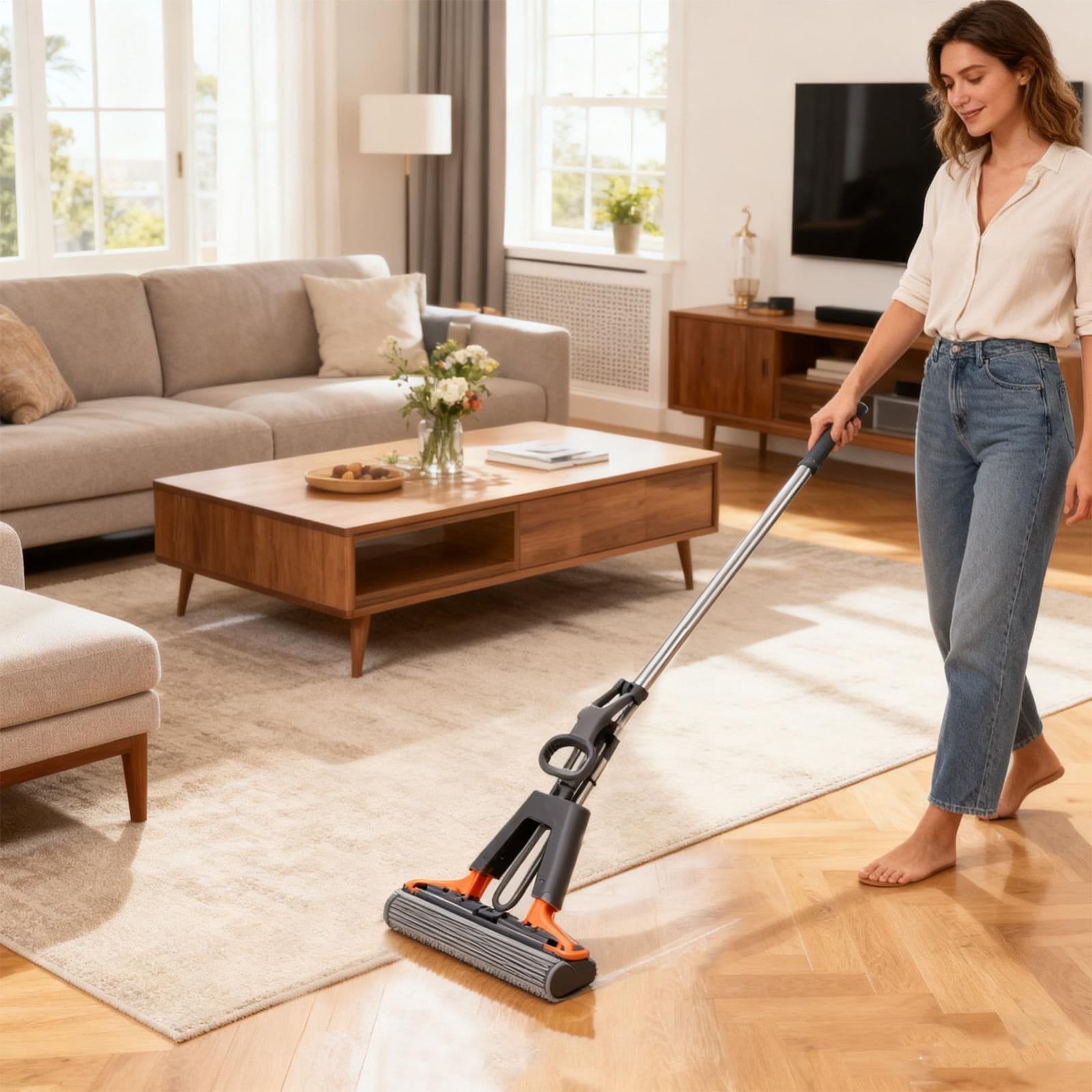 High Quality Self-Squeezing Sponge Mop – Large Floor Cleaning Mop for Wood, Tile & Slippery Floors with Super Absorbent Sponge Head & Easy Wringing Design