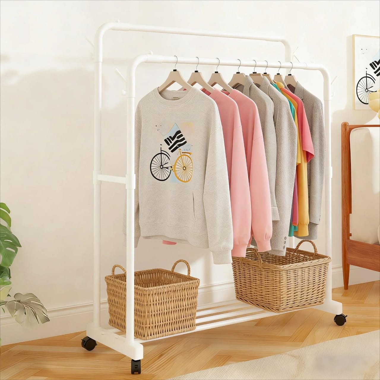 Double Pole Clothing Rack with Wheels & Lower Storage Shelf 110x40x150cm – Heavy Duty Metal Garment Rack for Clothes, Shoes, Boxes & Home Organization