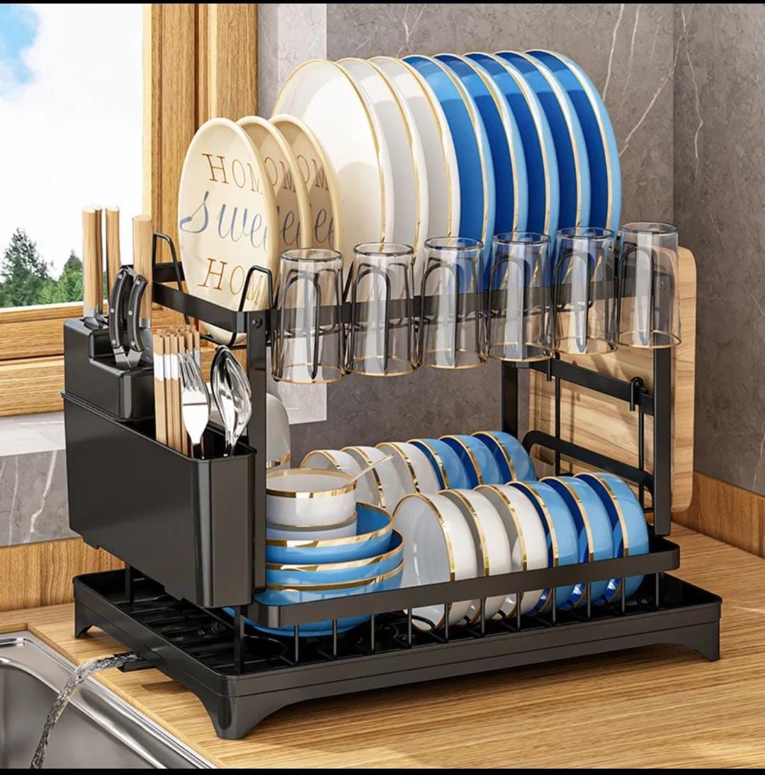 Quality Carbon Steel 2 Tier Dish Rack – Multi-Layer Kitchen Drying Rack for Plates, Bowls, Cups & Cutlery Organization with Space Saving Design