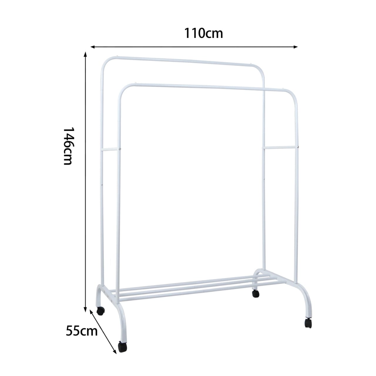 Double Pole Clothing Rack with Wheels & Lower Storage Shelf 110x40x150cm – Heavy Duty Metal Garment Rack for Clothes, Shoes, Boxes & Home Organization