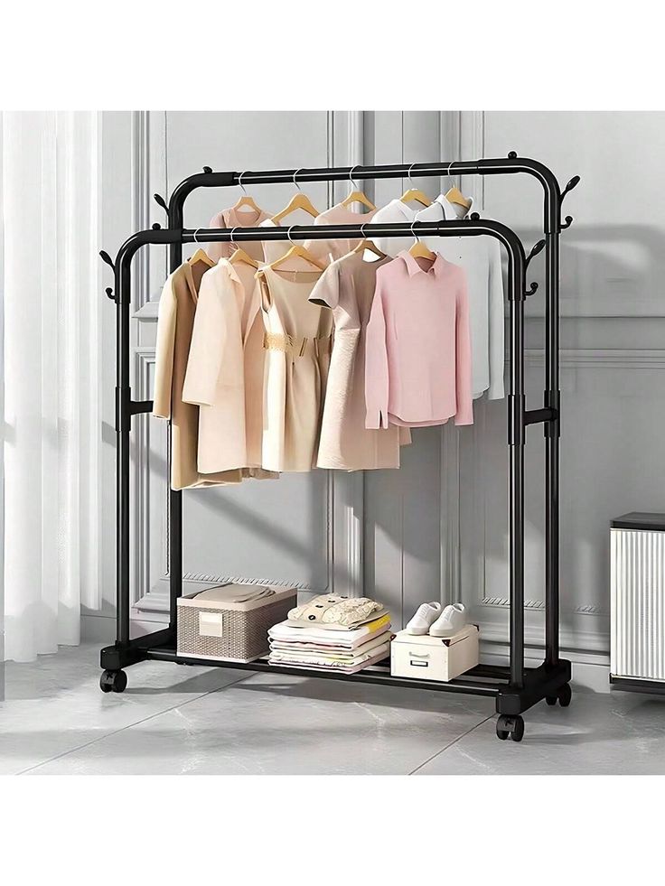Double Pole Clothing Rack with Wheels & Lower Storage Shelf 110x40x150cm – Heavy Duty Metal Garment Rack for Clothes, Shoes, Boxes & Home Organization