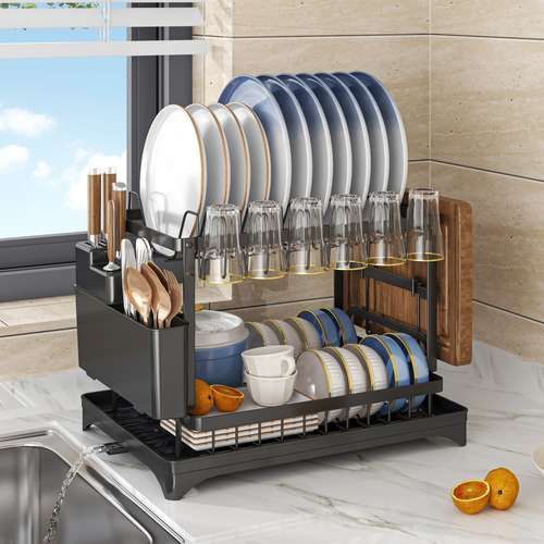 Quality Carbon Steel 2 Tier Dish Rack – Multi-Layer Kitchen Drying Rack for Plates, Bowls, Cups & Cutlery Organization with Space Saving Design