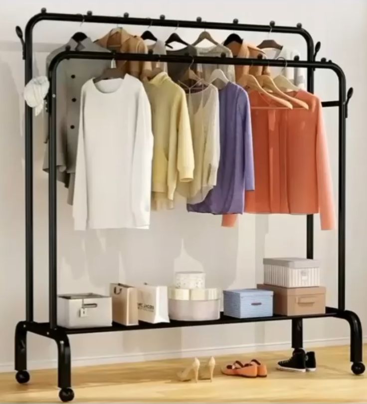 Double Pole Clothing Rack with Wheels & Lower Storage Shelf 110x40x150cm – Heavy Duty Metal Garment Rack for Clothes, Shoes, Boxes & Home Organization