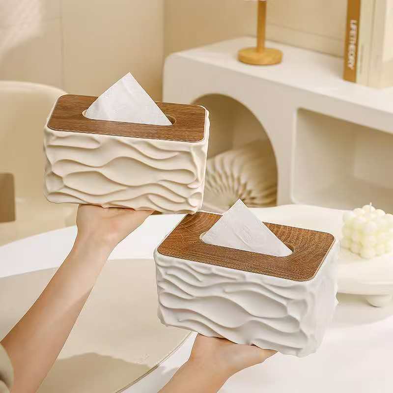 Luxury Wave Texture Tissue Box Holder – Elegant Serviette Dispenser with Wood-Look Top Cover for Home, Office, Hotel, Café and Modern Tabletop Décor