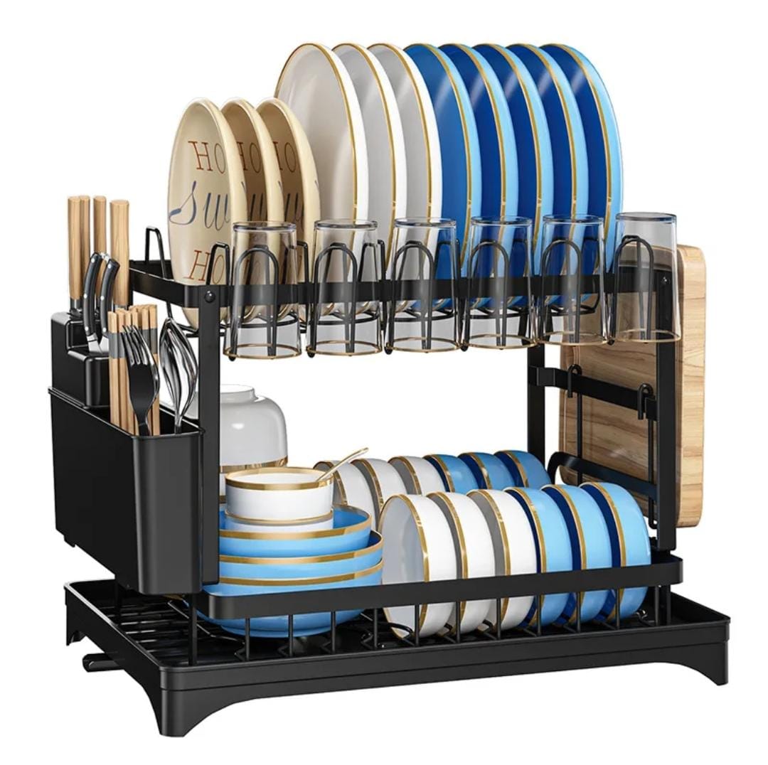 Quality Carbon Steel 2 Tier Dish Rack – Multi-Layer Kitchen Drying Rack for Plates, Bowls, Cups & Cutlery Organization with Space Saving Design