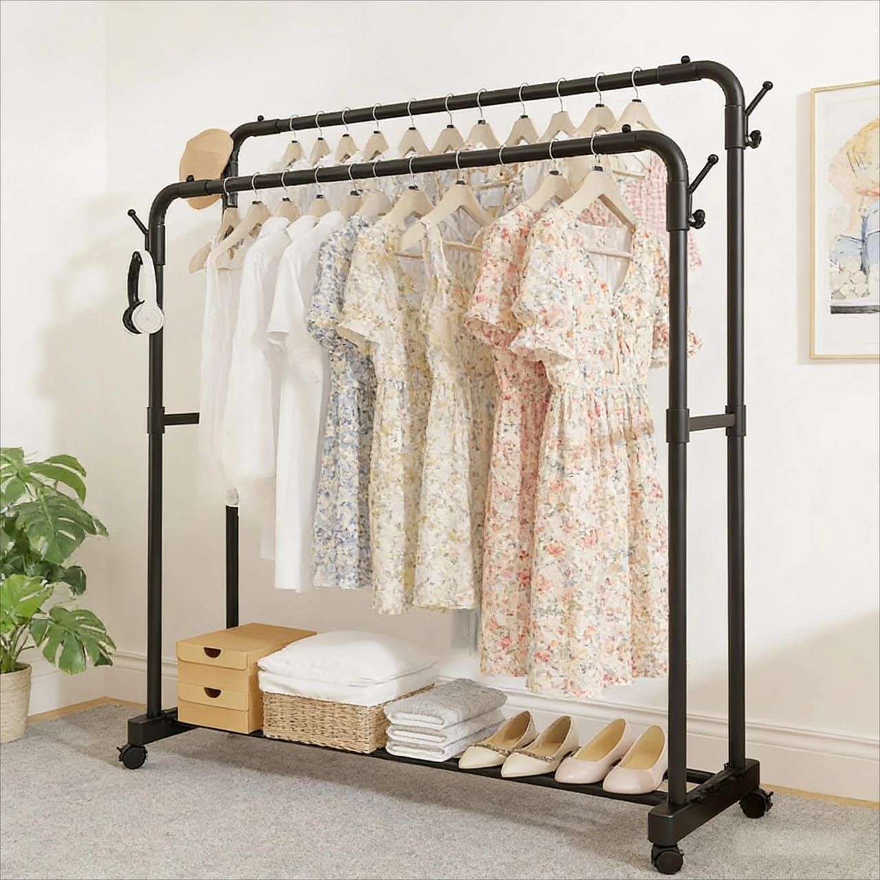 Double Pole Clothing Rack with Wheels & Lower Storage Shelf 110x40x150cm – Heavy Duty Metal Garment Rack for Clothes, Shoes, Boxes & Home Organization