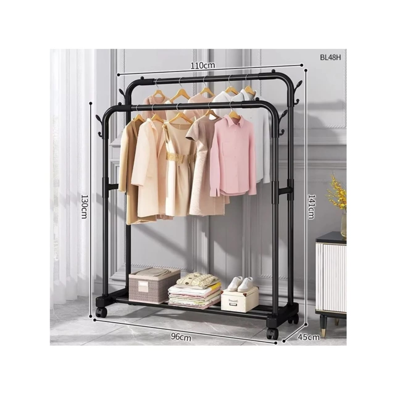 Double Pole Clothing Rack with Wheels & Lower Storage Shelf 110x40x150cm – Heavy Duty Metal Garment Rack for Clothes, Shoes, Boxes & Home Organization