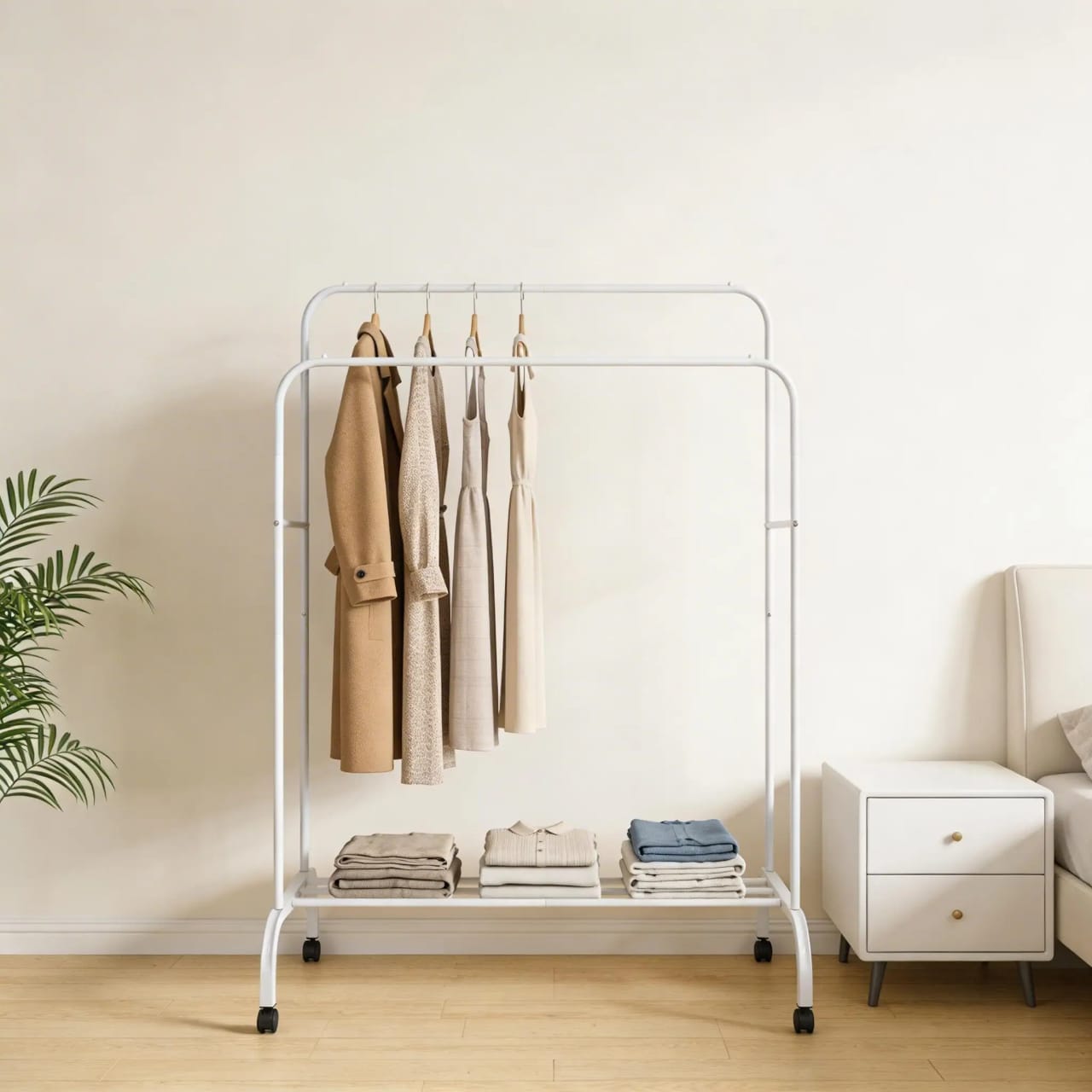 Double Pole Clothing Rack with Wheels & Lower Storage Shelf 110x40x150cm – Heavy Duty Metal Garment Rack for Clothes, Shoes, Boxes & Home Organization