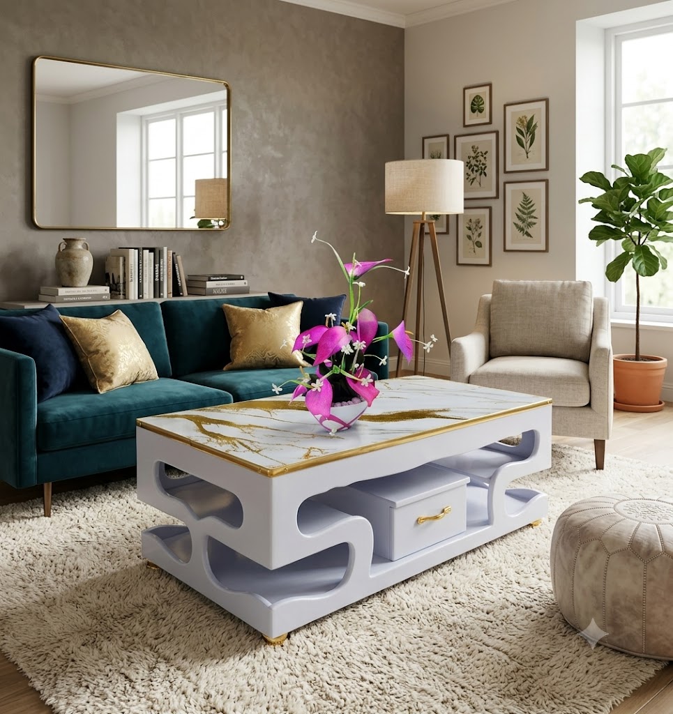 Executive White Marble Coffee Table with Storage Drawers – Modern Luxury Living Room Center Table, Marble Top Coffee Table