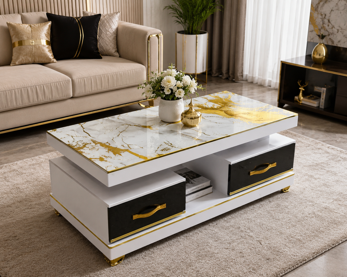 Executive White Marble Coffee Table – Modern Luxury Living Room Center Table, Elegant Marble Top Coffee Table
