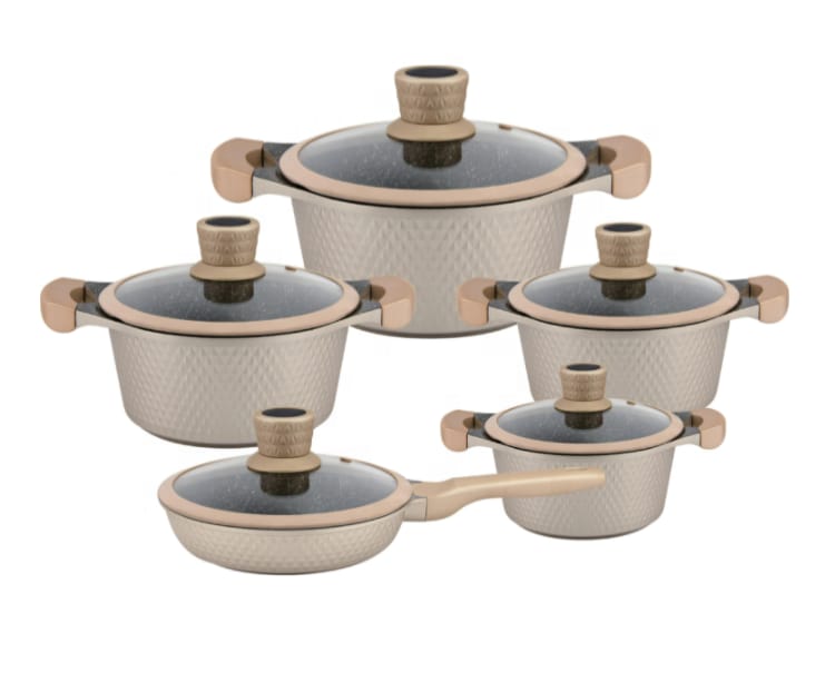 Die-Cast Non Stick Cookware Set – Heavy Duty Granite Cooking Pots & Pans Set | Induction Compatible Kitchen Cookware Set for Gas & Electric Stoves
