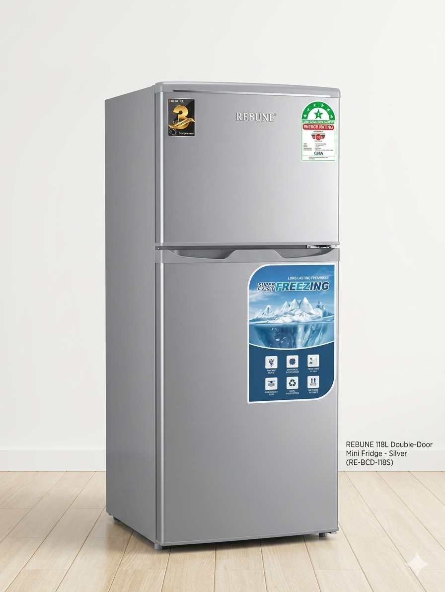 Rebune 118L Double Door Refrigerator - Energy Saving Compact Fridge Top Freezer Fridge for Home Office Bedsitter Kitchen Use