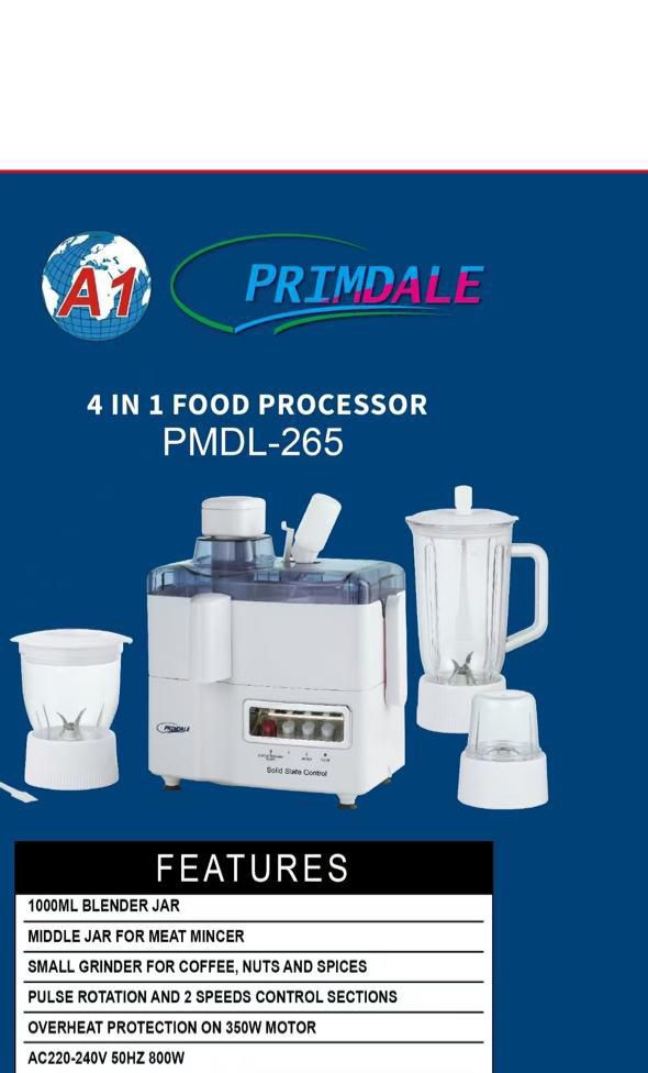 Primdale 4-In-1 Multifunction Juicer Blender – Juice Extractor, Blender, Grinder & Chopper Food Processor