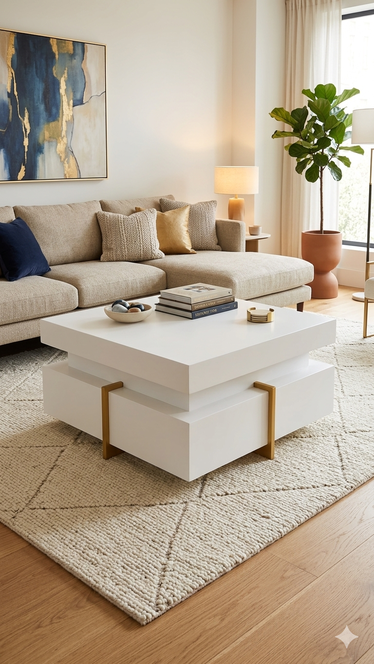 Executive Square Coffee Marble Table -  Luxury Marble Top Center Table , Modern Living Room Coffee Table