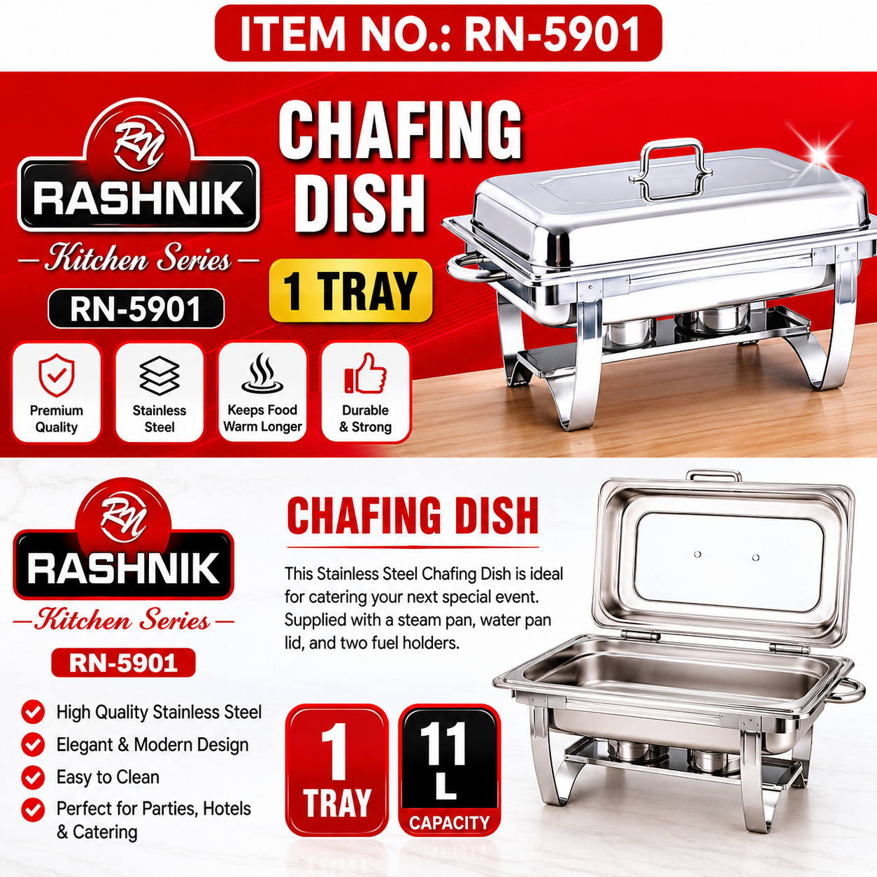 Rashnik 1 Tray Chafing Dish 11L – Stainless Steel Single Compartment Buffet Food Warmer, Catering Hot Pot Serving Dish for Events, Hotels & Parties