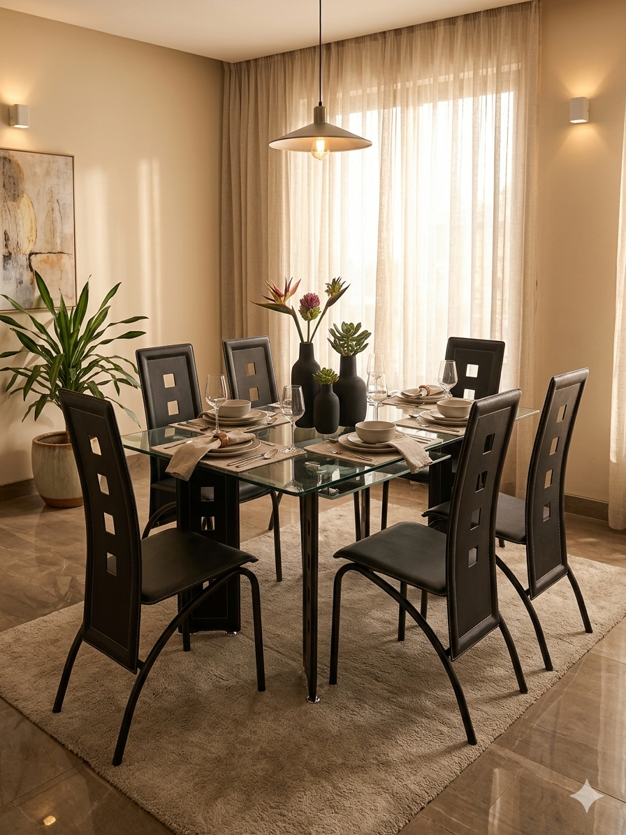 Executive 6-Seater Glass Dining Table Set – Modern Dining Table with Leather Chairs, Luxury Home Furniture, Dining Room Table & Chair Set