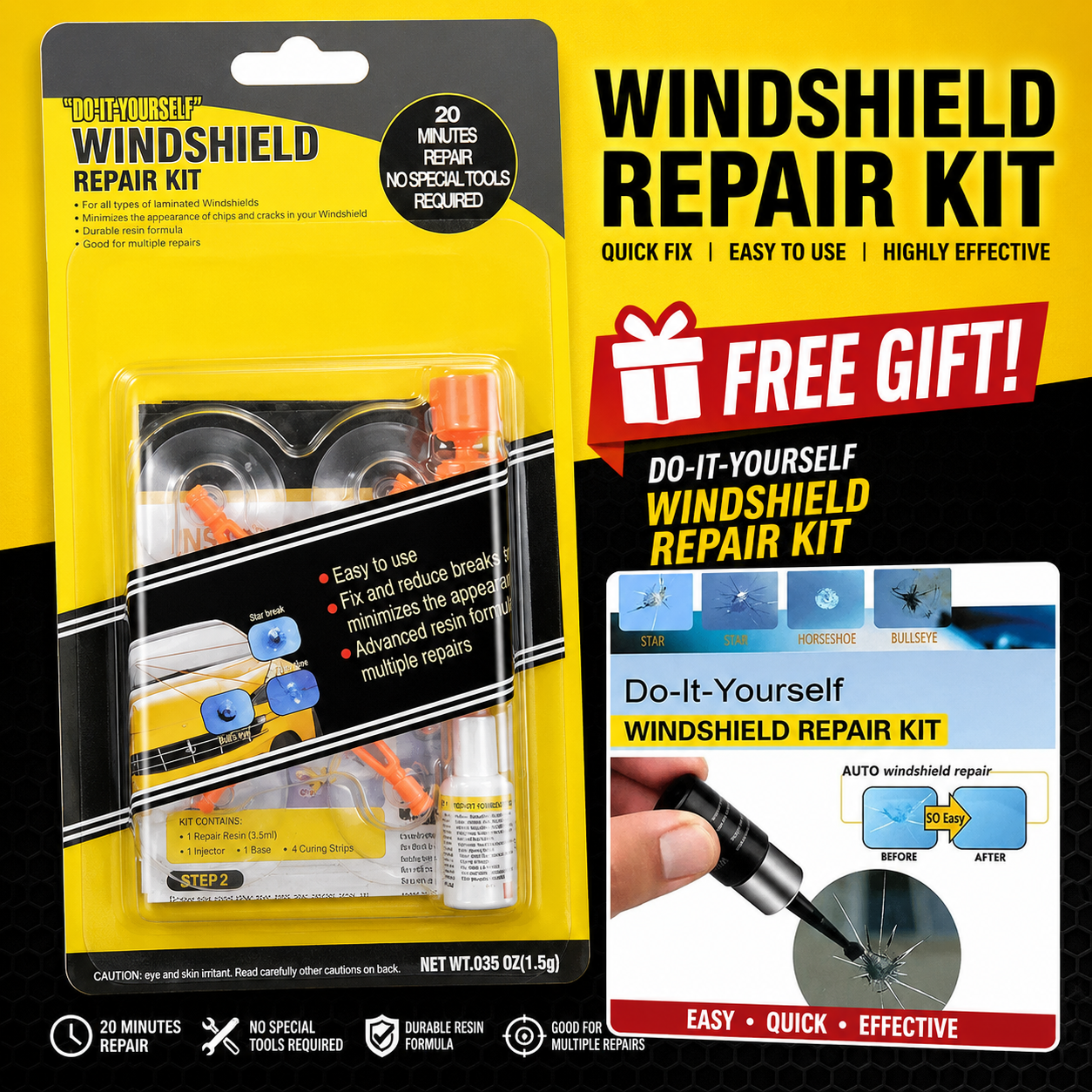 Original Source Windscreen Repair Kit, Car Windscreen Crack Repair Kit With Durable Resin, Fix Auto Windscreen Glass Cracks plus FREE GIFT