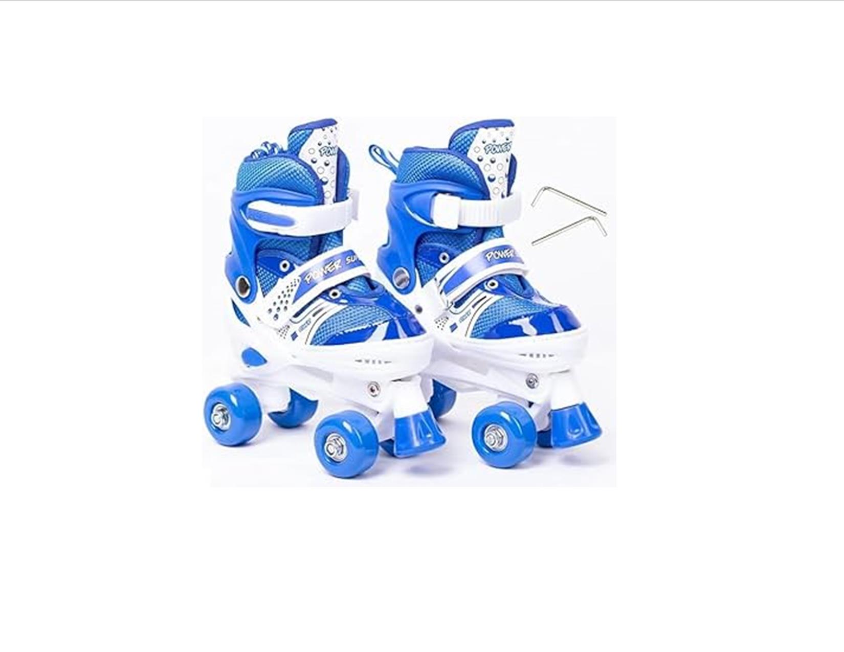 POWER SUPERB Adjustable Children Roller Skating Shoes 4 Wheels 2 Row Line Outdoor Full Set-Helmet,knee,elbow and wrist pads. {CARTOON DECORATIONS ON HELMET,GUARDS AND SKATES MAY VARY}