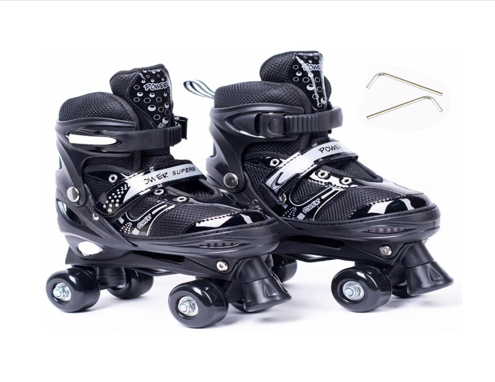 POWER SUPERB Adjustable Children Roller Skating Shoes 4 Wheels 2 Row Line Outdoor Full Set-Helmet,knee,elbow and wrist pads. {CARTOON DECORATIONS ON HELMET,GUARDS AND SKATES MAY VARY}