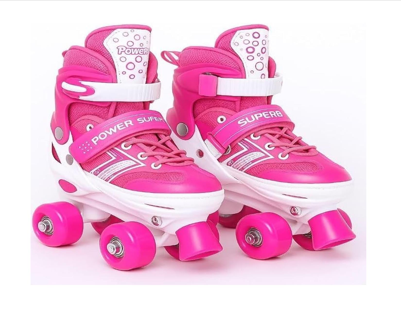 POWER SUPERB Adjustable Children Roller Skating Shoes 4 Wheels 2 Row Line Outdoor Full Set-Helmet,knee,elbow and wrist pads. {CARTOON DECORATIONS ON HELMET,GUARDS AND SKATES MAY VARY}